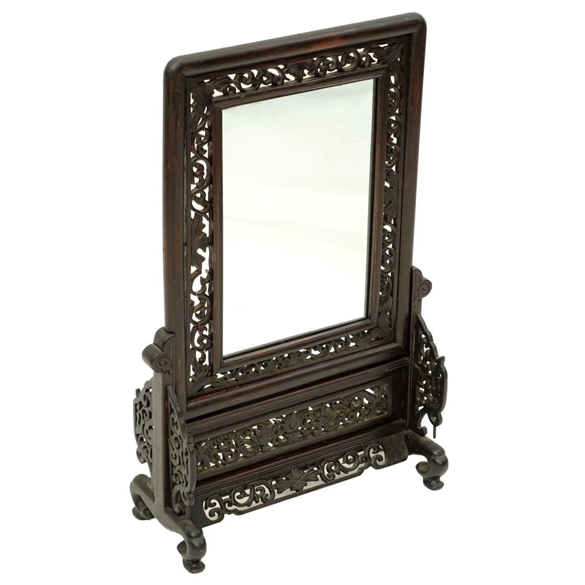 Chinese Carved Wood Mirror On Stand