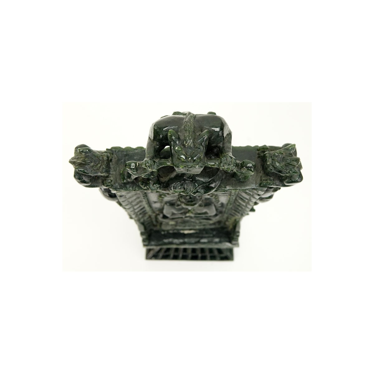 Early 20th Century Chinese Carved Dark Green Jade Ceremonial Plaque. Seated