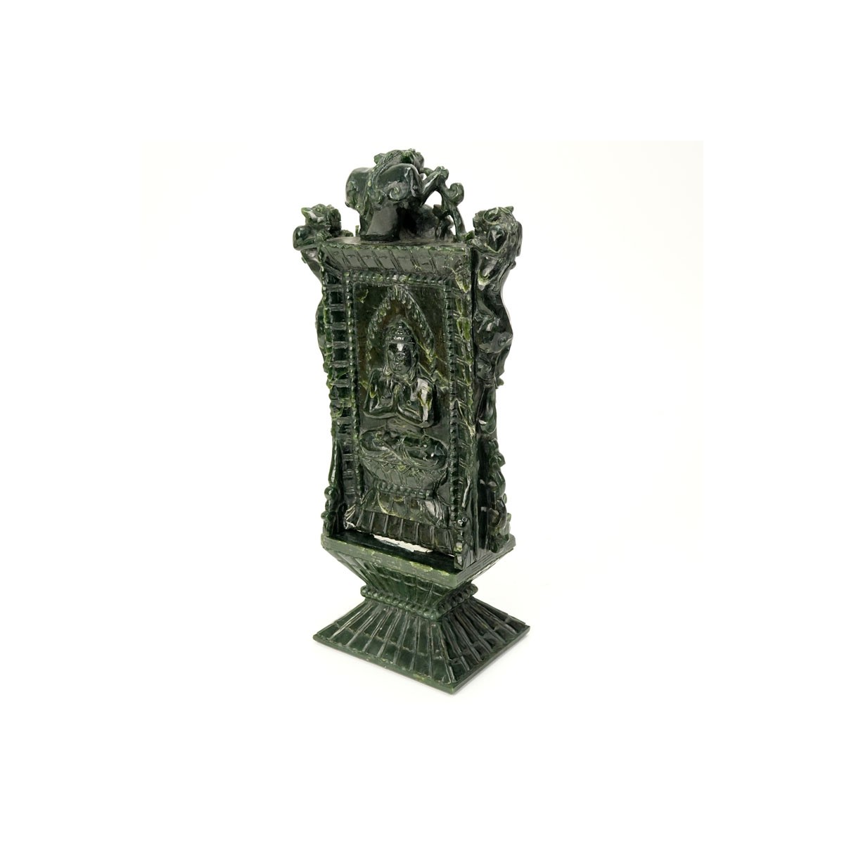 Early 20th Century Chinese Carved Dark Green Jade Ceremonial Plaque. Seated