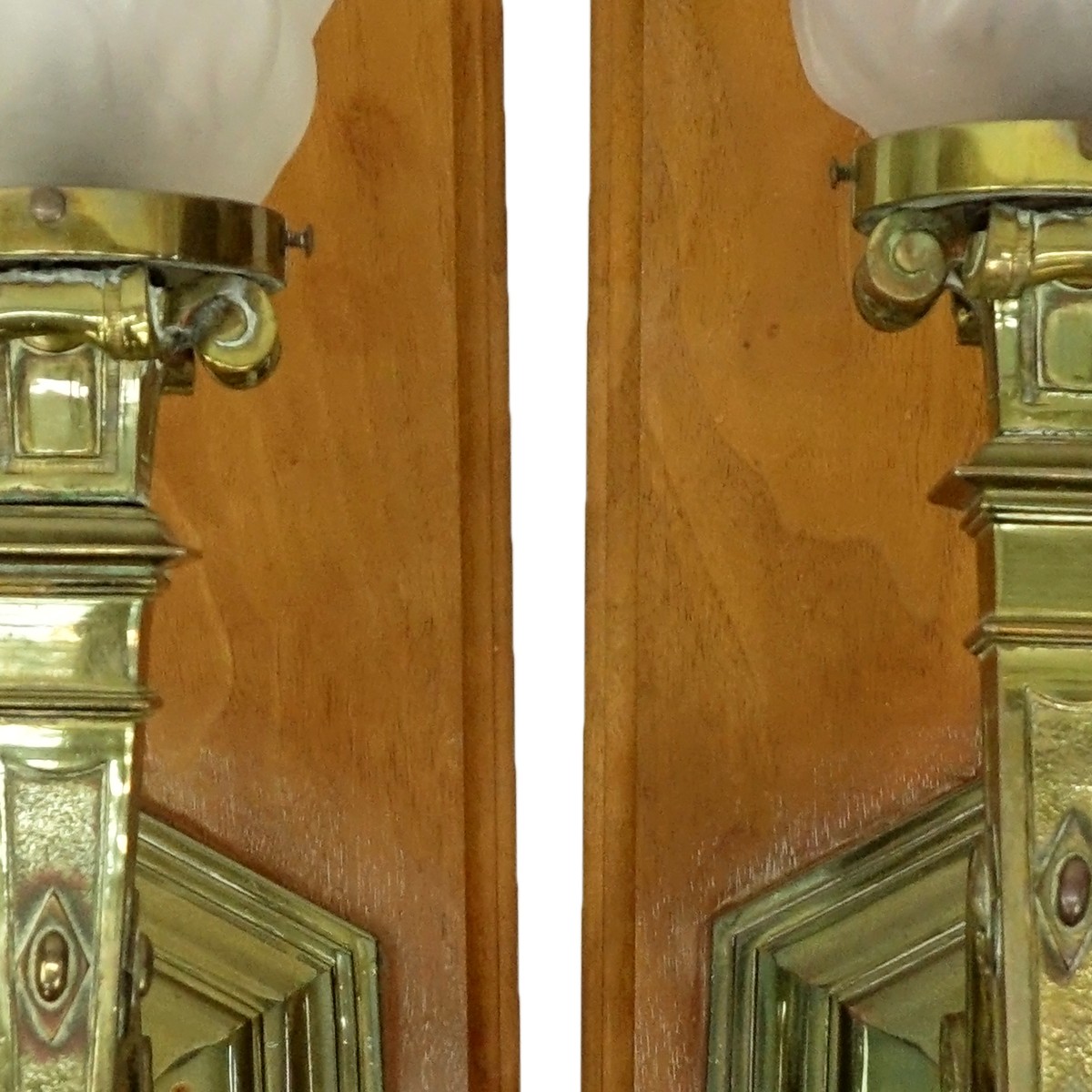 Pair of Bronze Wall Sconces with Frosted Glass Shade, Mounted on Wood Backi