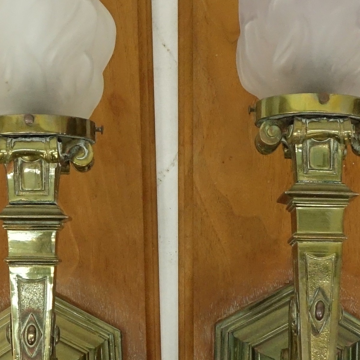 Pair of Bronze Wall Sconces with Frosted Glass Shade, Mounted on Wood Backi