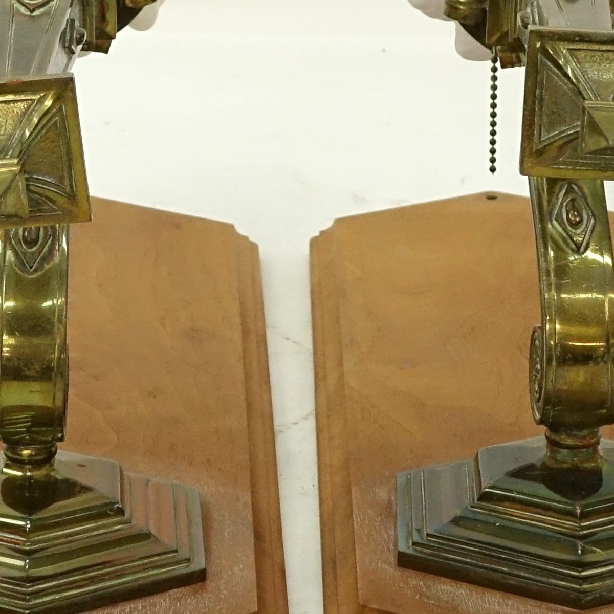 Pair of Bronze Wall Sconces with Frosted Glass Shade, Mounted on Wood Backi