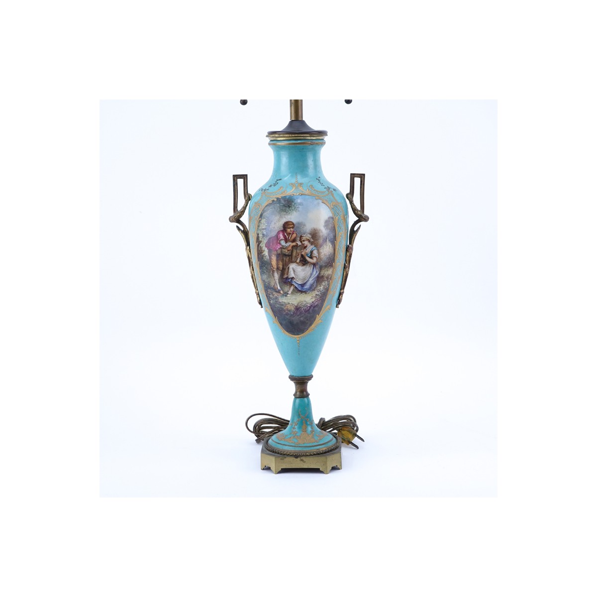 19th Century French Sevres Style Bronze Mounted Porcelain Lamp. Gilt scroll