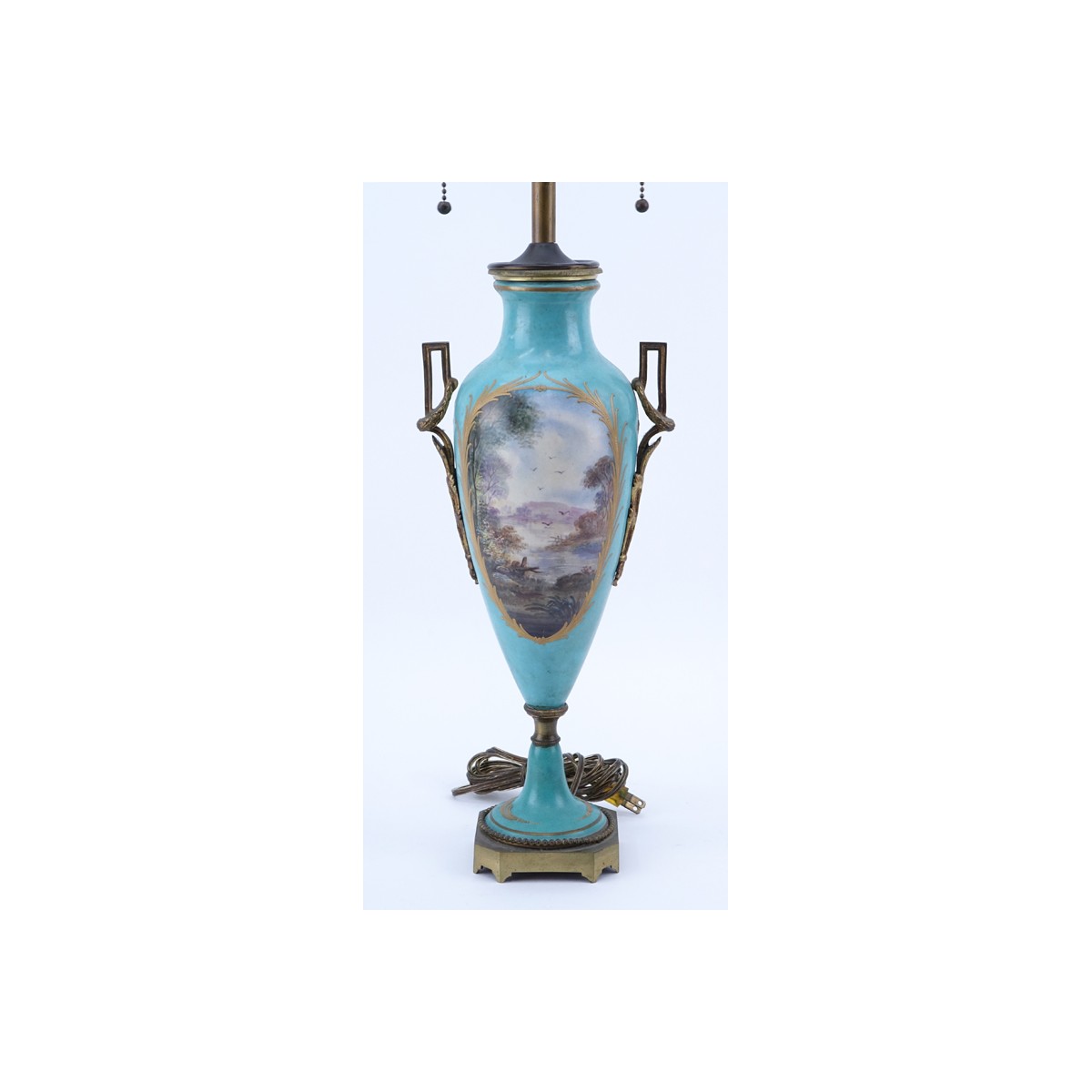 19th Century French Sevres Style Bronze Mounted Porcelain Lamp. Gilt scroll