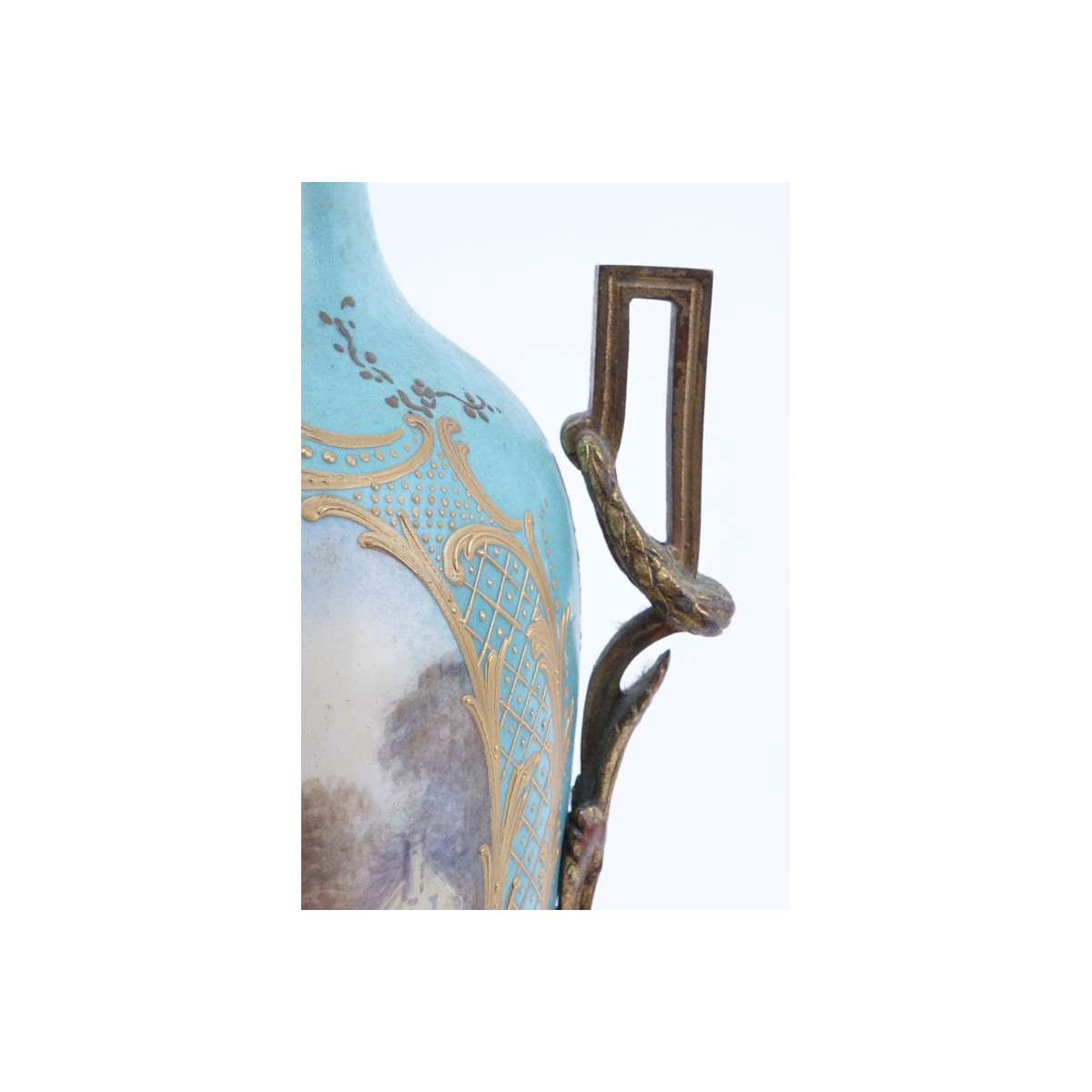 19th Century French Sevres Style Bronze Mounted Porcelain Lamp. Gilt scroll