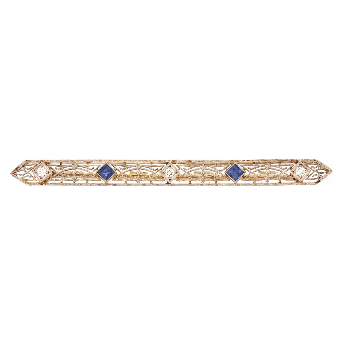 Art Deco Diamond, Sapphire, 14K Bar Pin