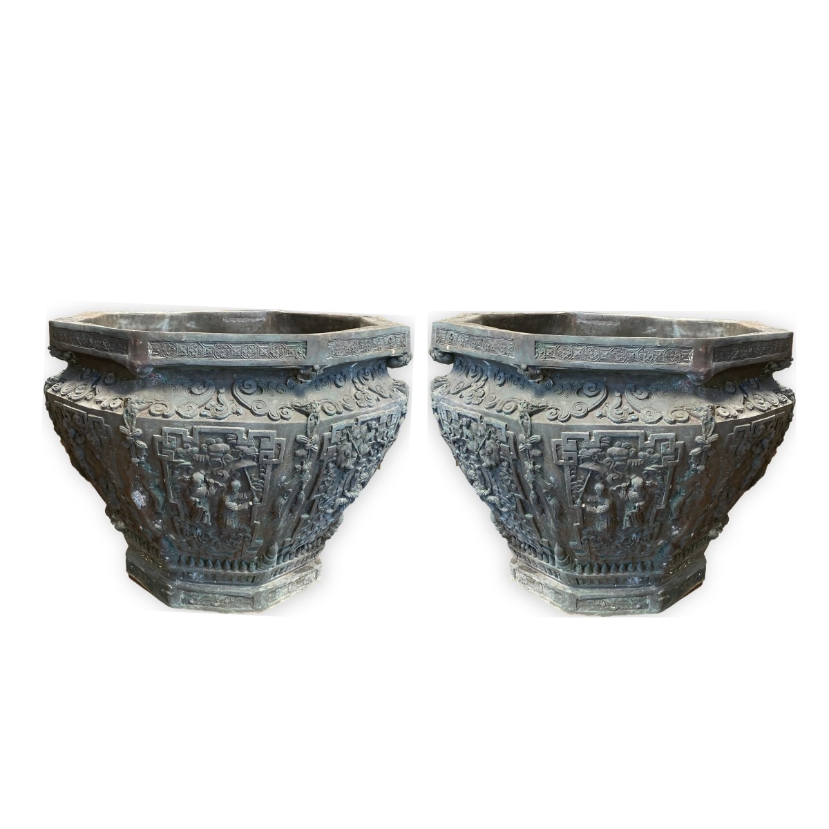 Pr Lg 20C Chinoiserie Bronze Garden Urn Planters