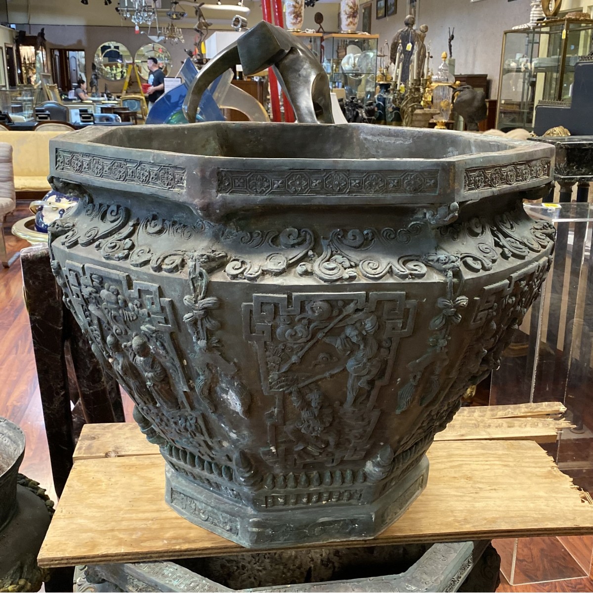 Pr Lg 20C Chinoiserie Bronze Garden Urn Planters