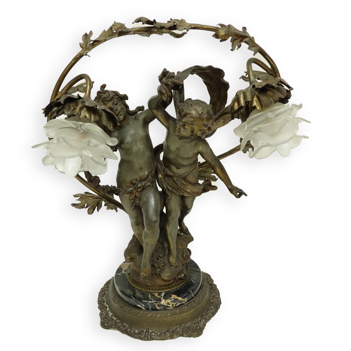 Winged Boy and Nymph Girl Gilt Metal Lamp