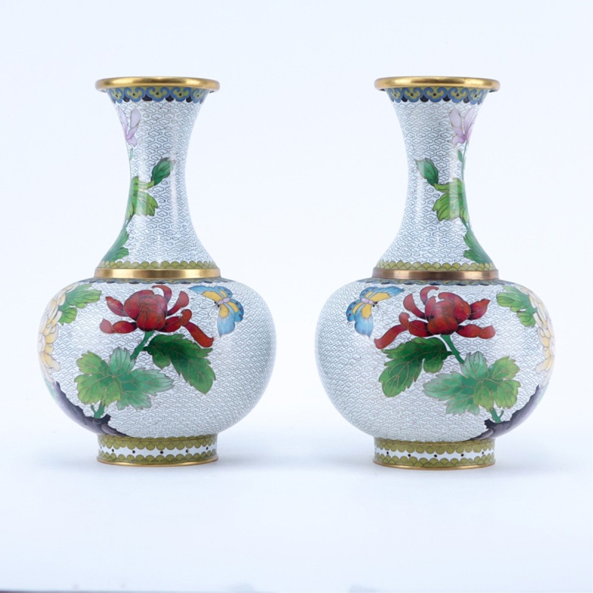 Pr Vintage Chinese Brass and Cloisonne Vases