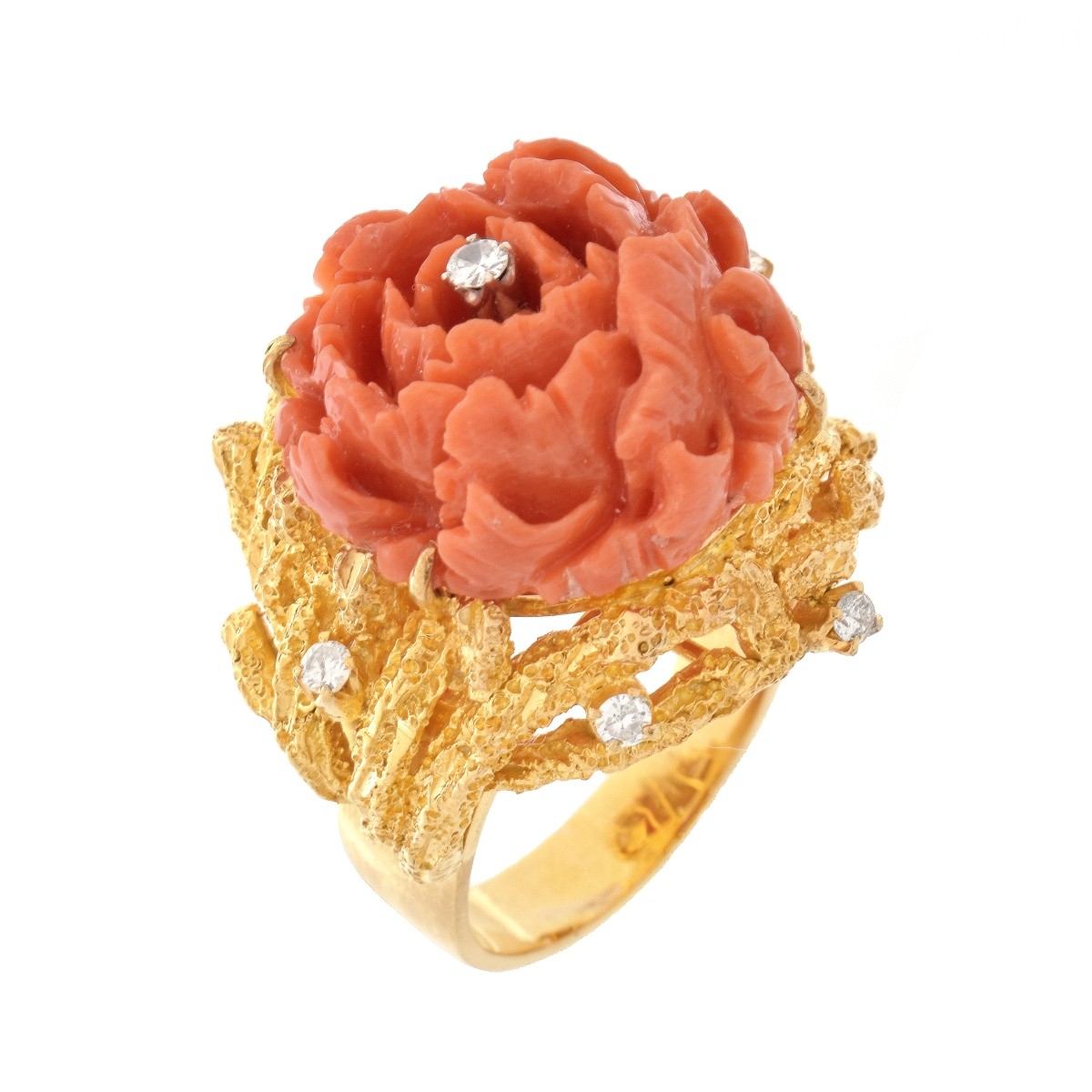 Vintage Coral, Diamond and 14K Ring