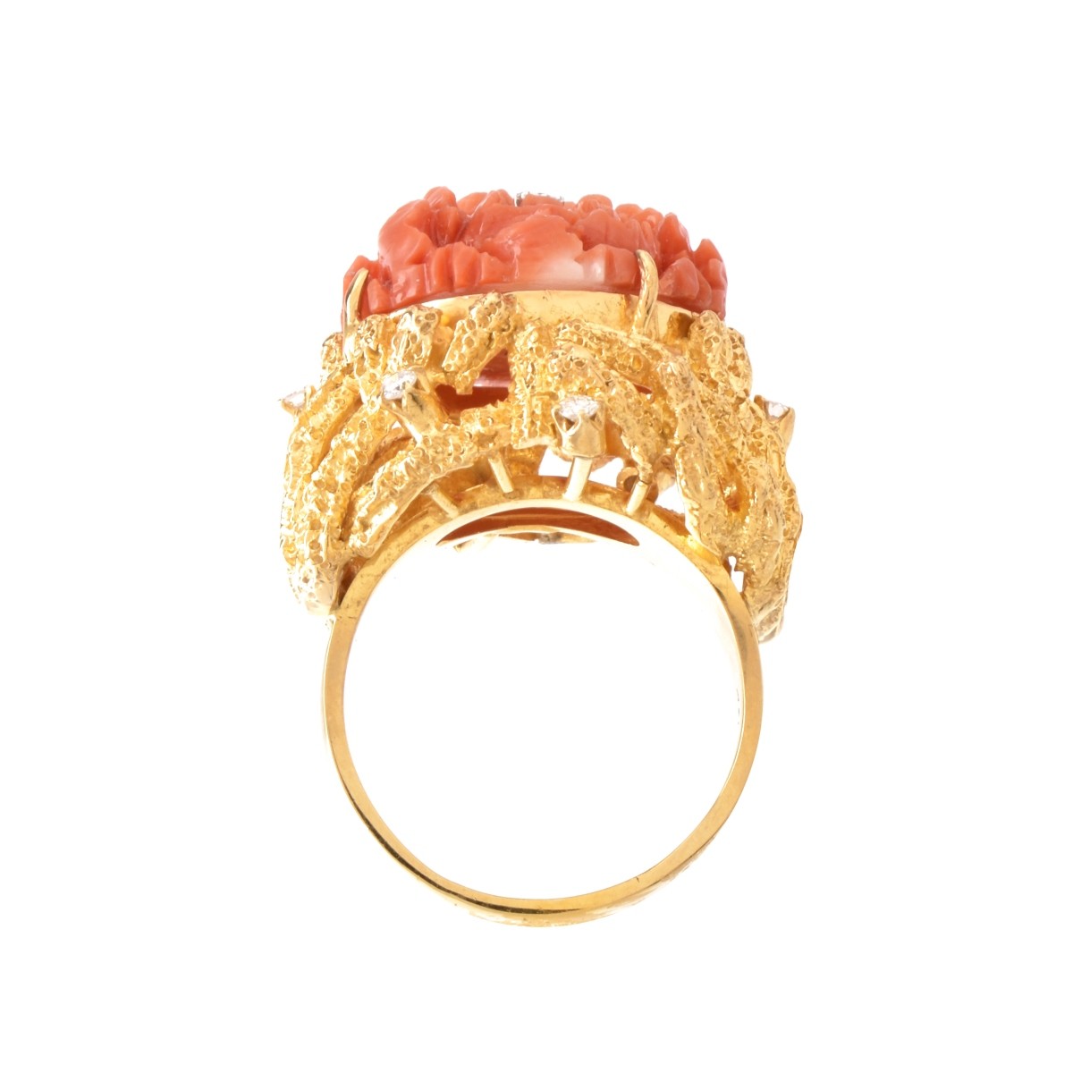 Vintage Coral, Diamond and 14K Ring