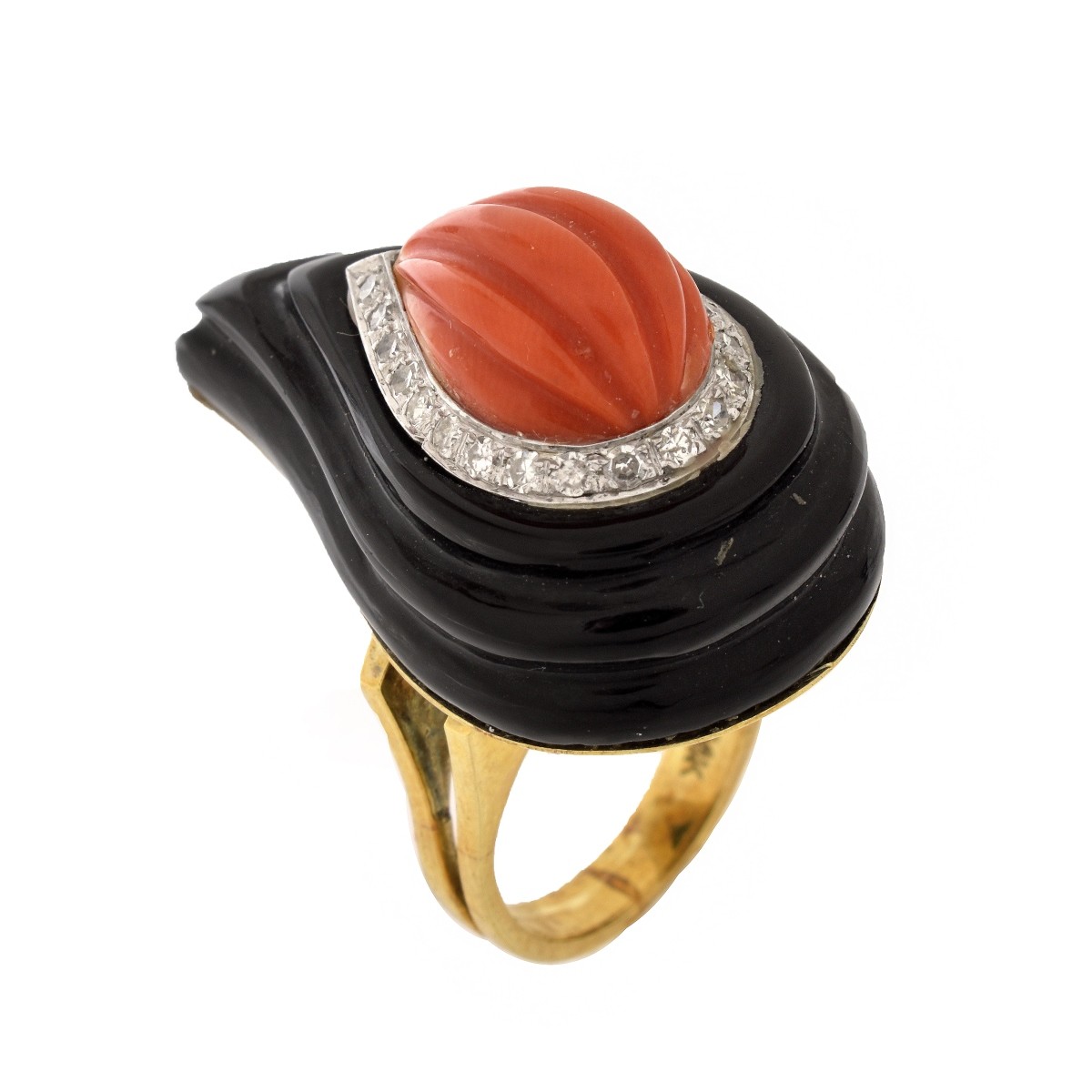 Coral, Onyx, Diamond and 14K Ring