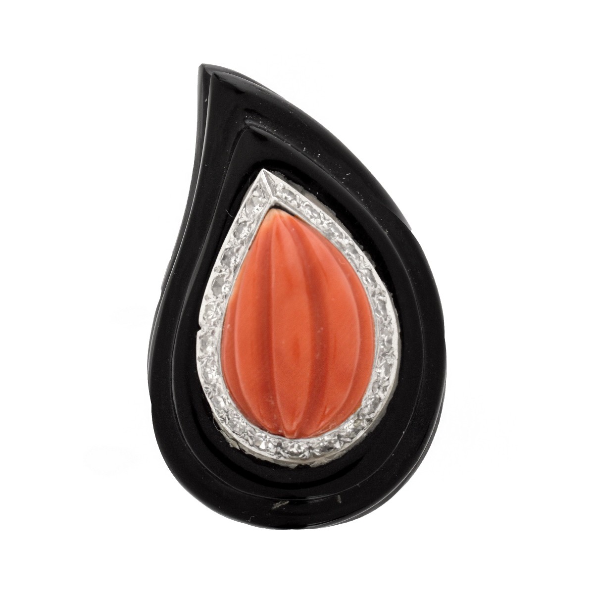 Coral, Onyx, Diamond and 14K Ring