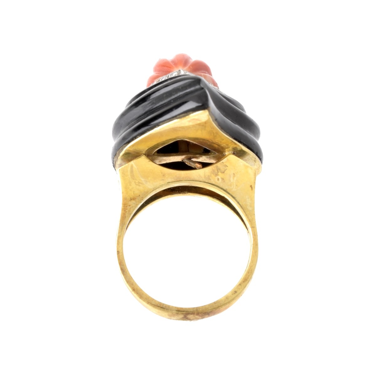 Coral, Onyx, Diamond and 14K Ring