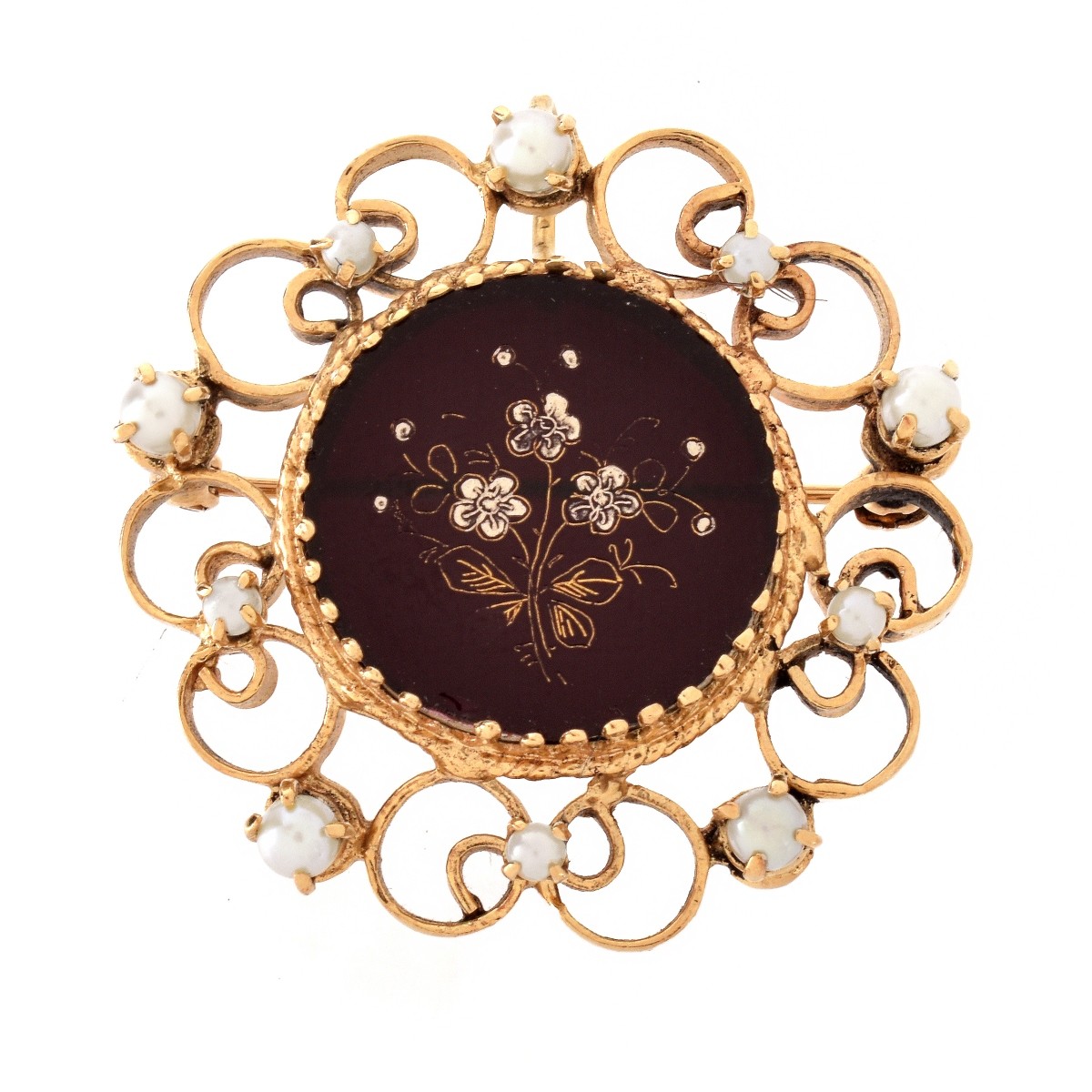 Antique Onyx, Pearl and 14K Brooch