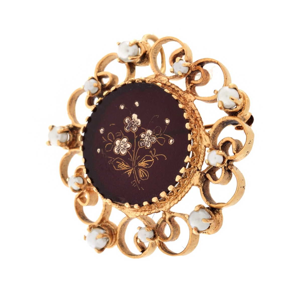 Antique Onyx, Pearl and 14K Brooch