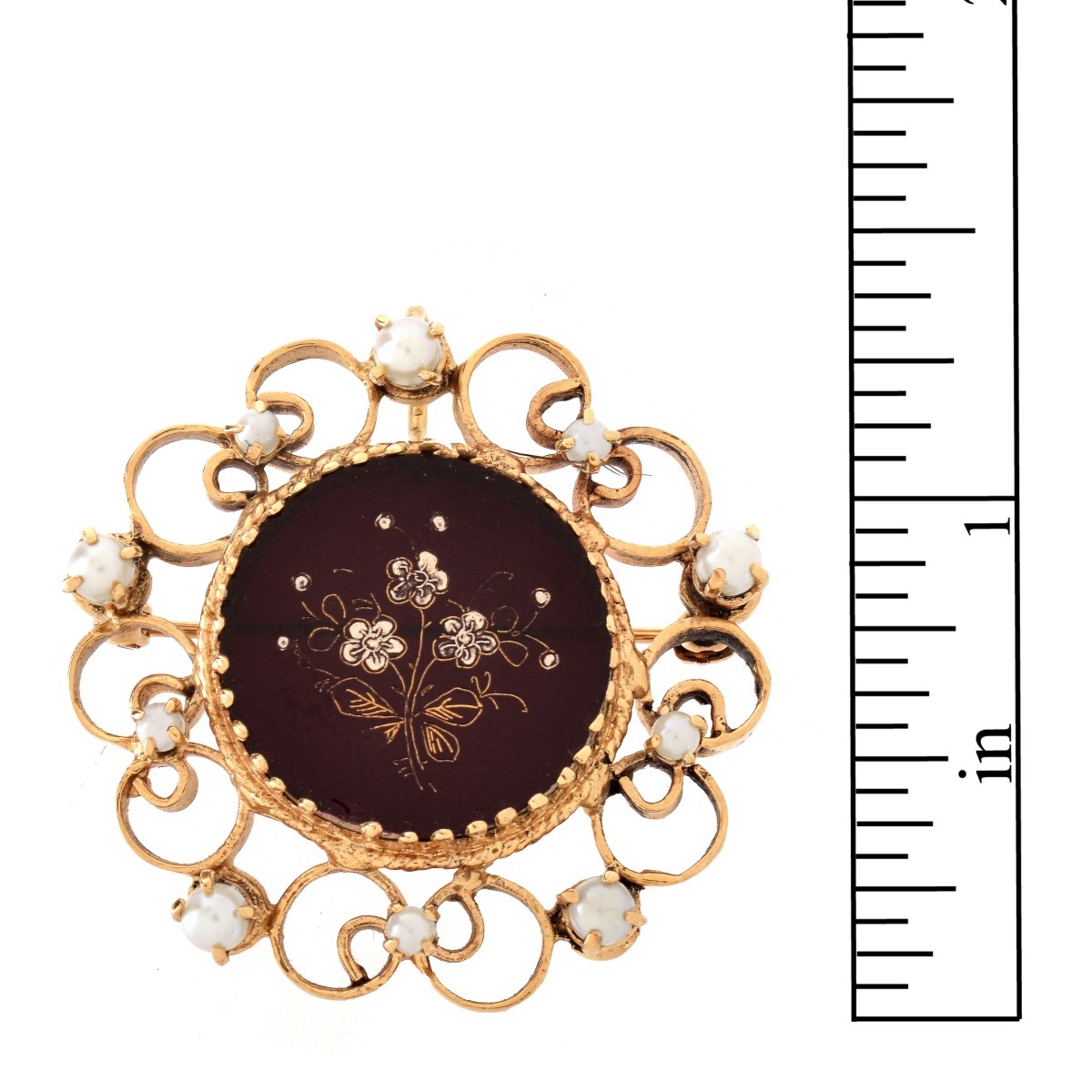 Antique Onyx, Pearl and 14K Brooch