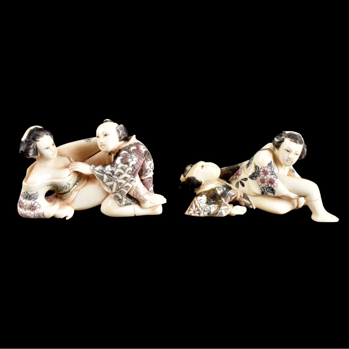 Two Mid 20C Asian Carved Ivory Erotic Figurines