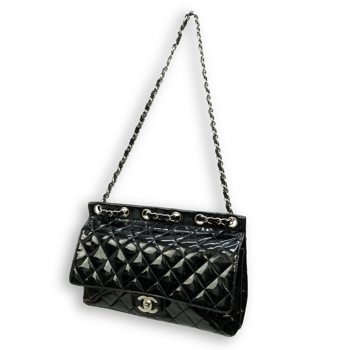 Chanel Jumbo Black Patent Leather Quilted Purse