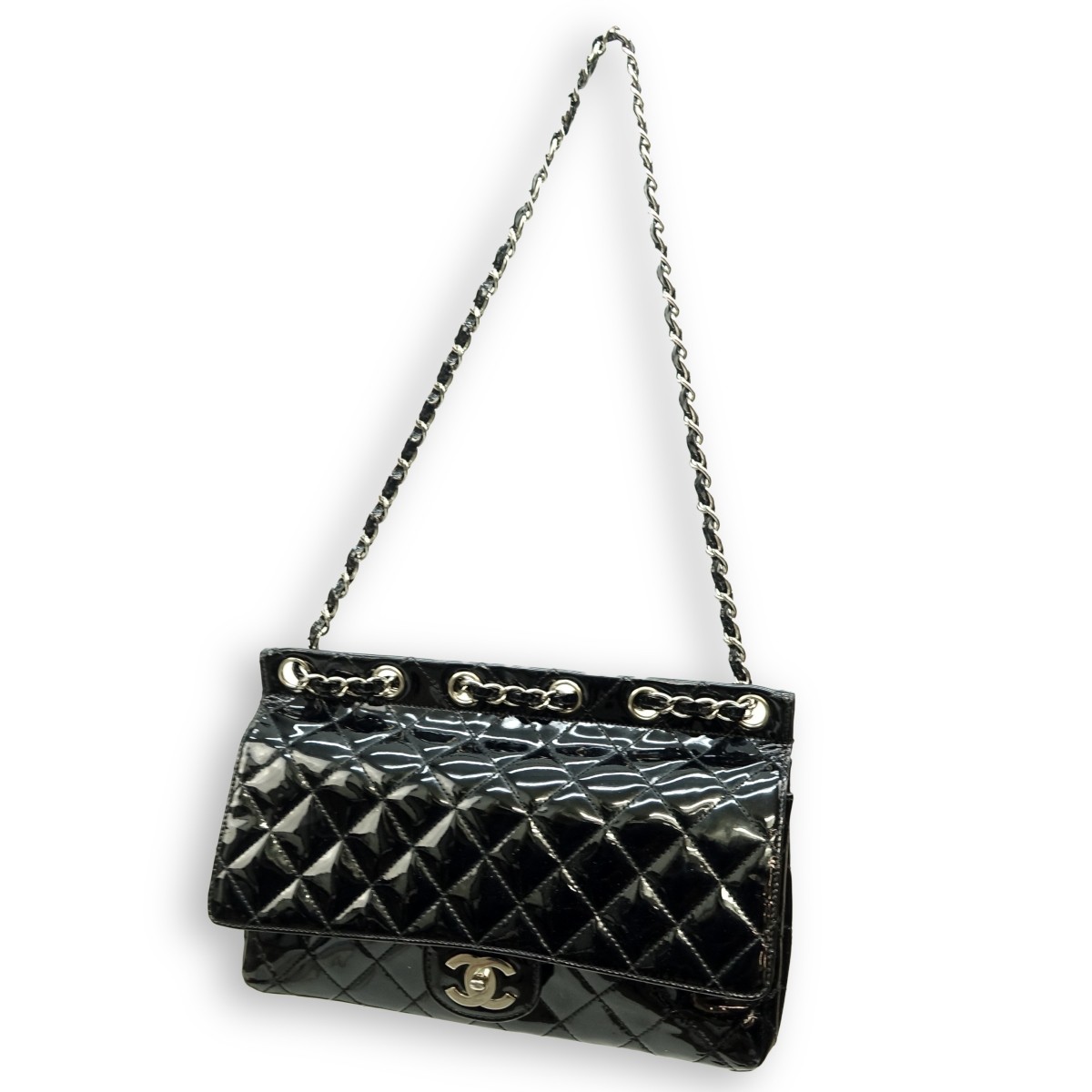 Chanel Jumbo Black Patent Leather Quilted Purse