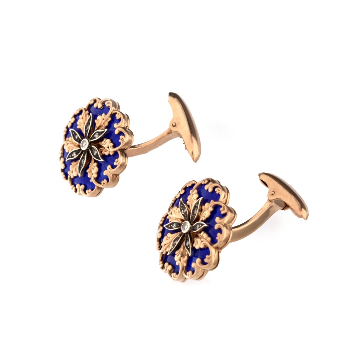 Faberge Diamond, Enameled and 14K Cufflinks