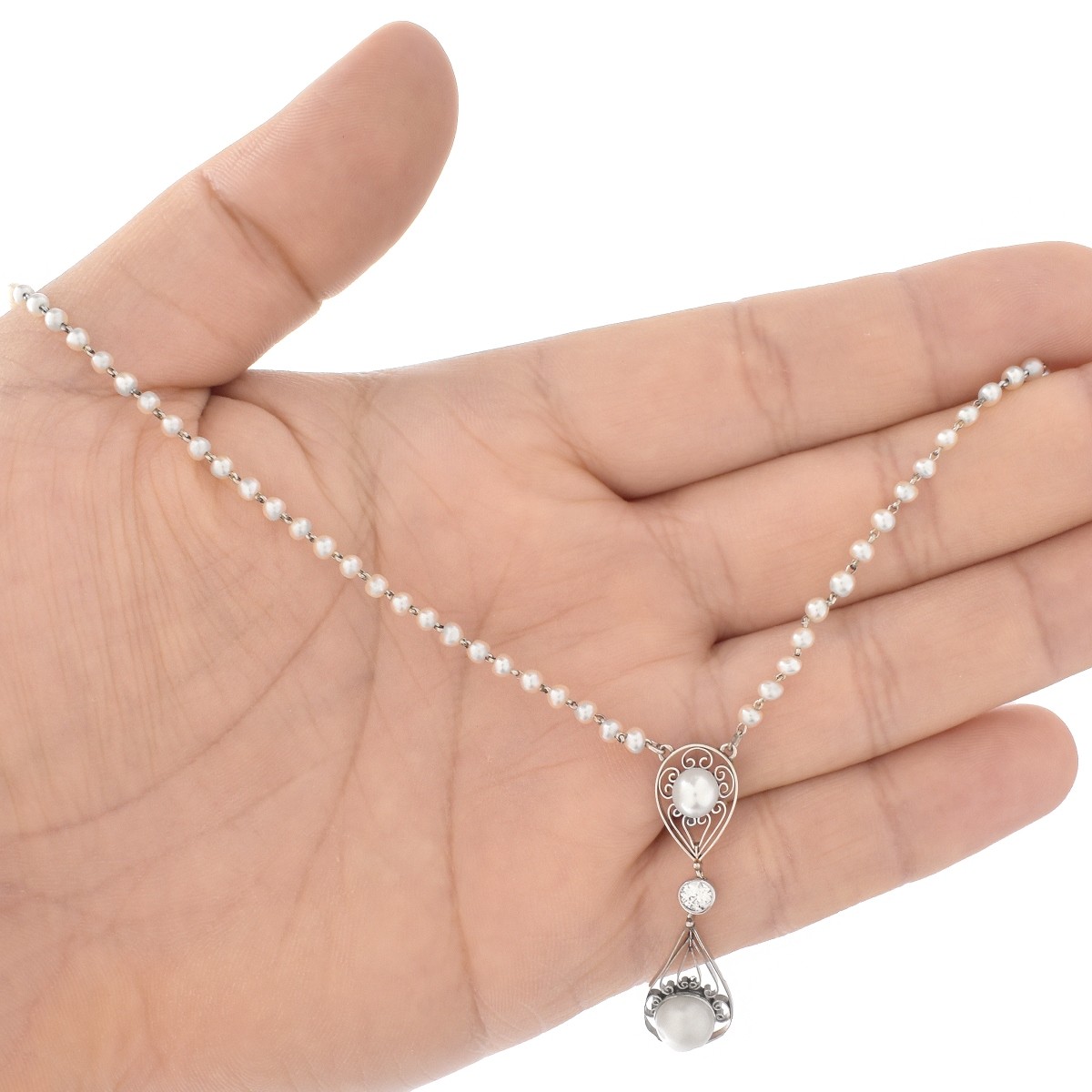 Antique Natural Pearl and Diamond Necklace