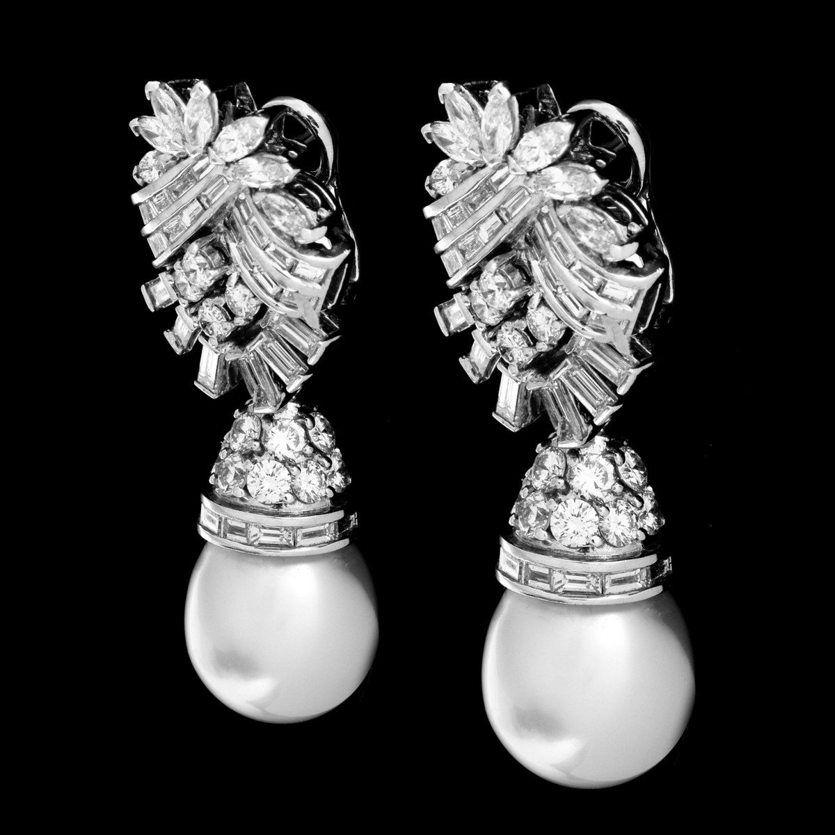 Art Deco Diamond, Pearl and Platinum Earrings