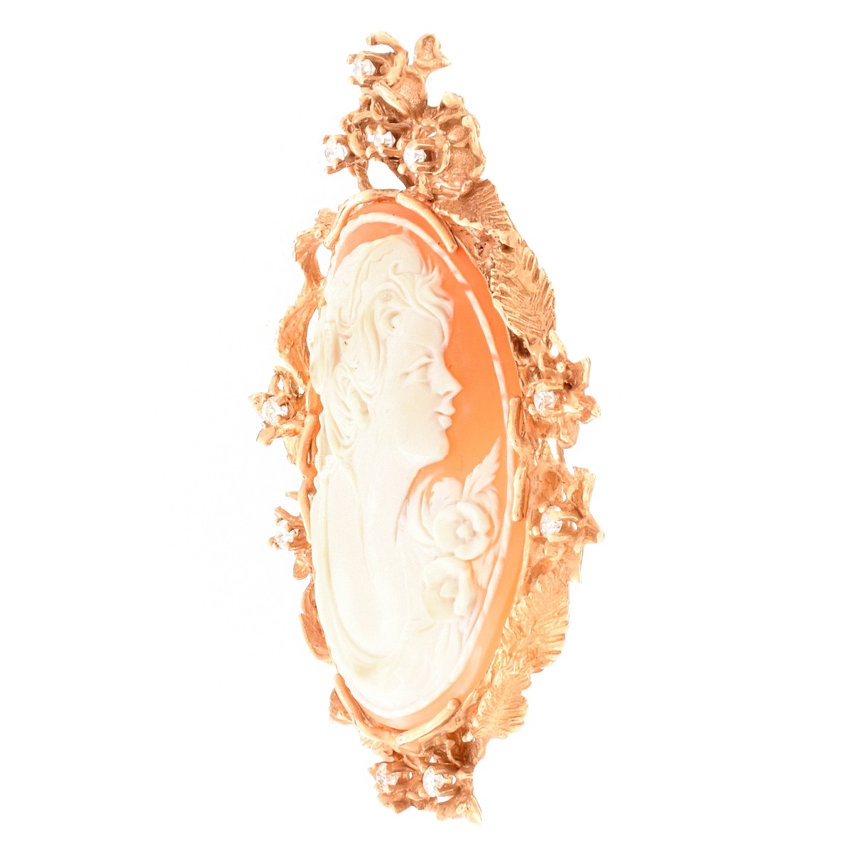 Diamond, Carved Shell and 14K Cameo Brooch