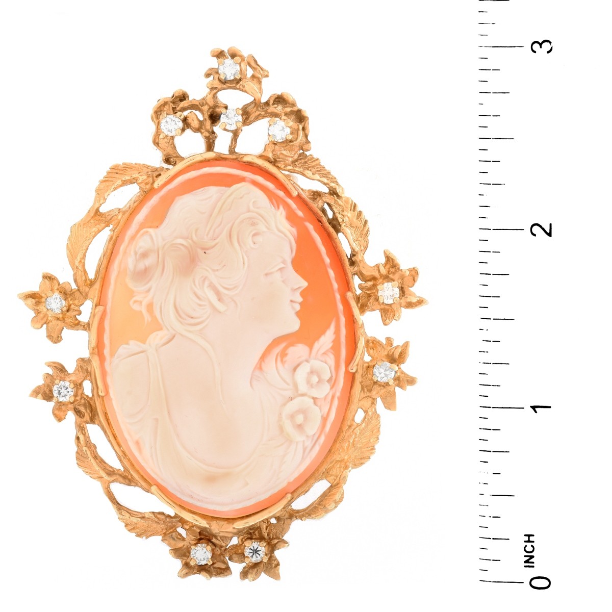 Diamond, Carved Shell and 14K Cameo Brooch