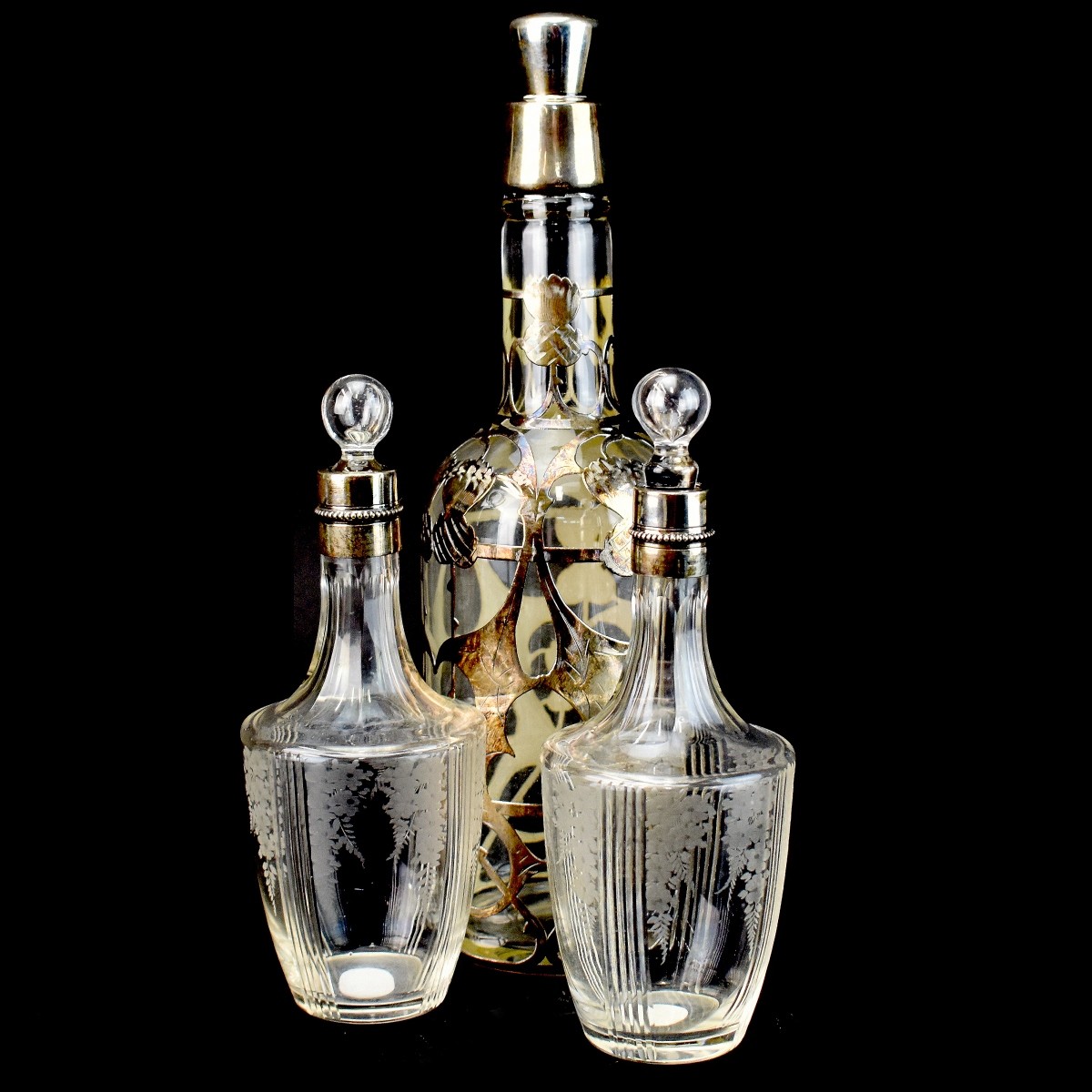 Vintage Silver overlay Glass Decanters