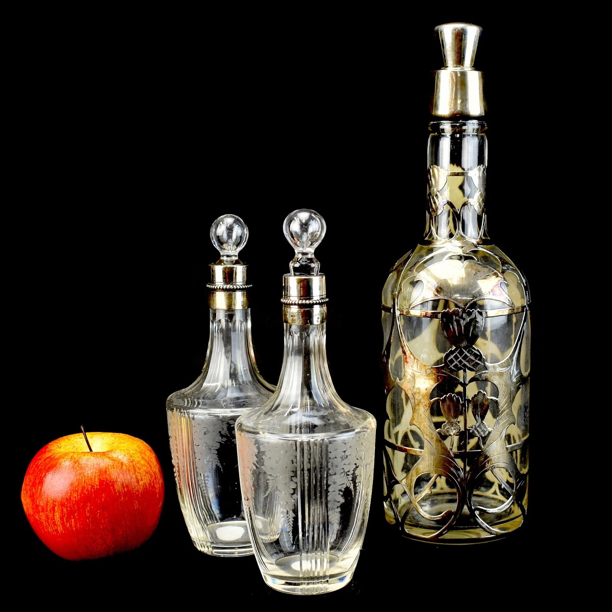 Vintage Silver overlay Glass Decanters