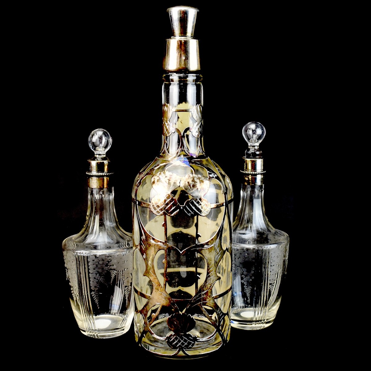 Vintage Silver overlay Glass Decanters