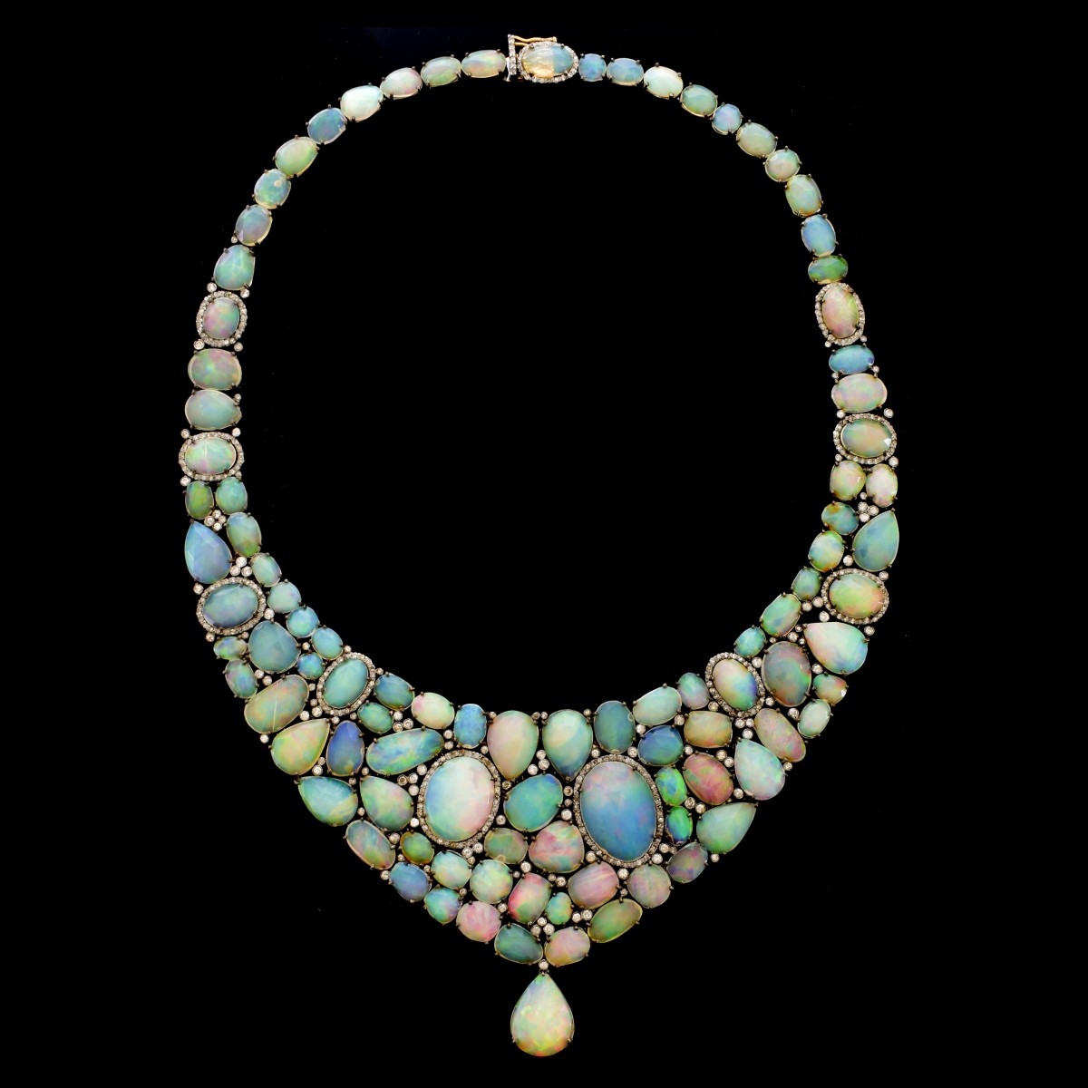 Vintage Opal, Diamond and Silver Necklace