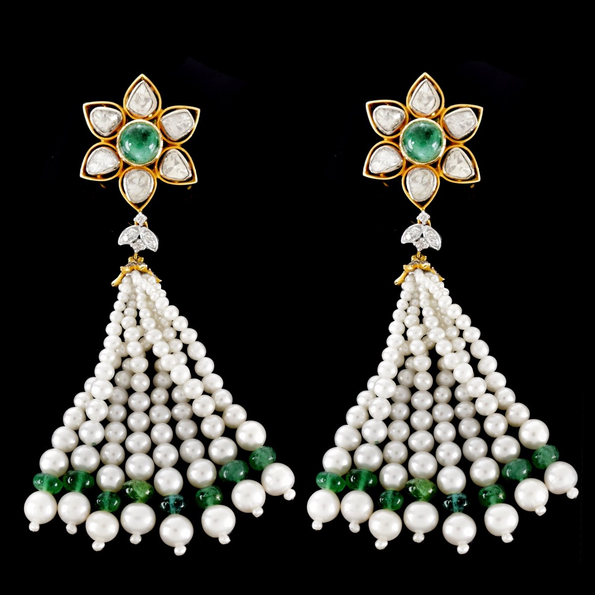 Diamond, Emerald and Pearl Tassel Earrings