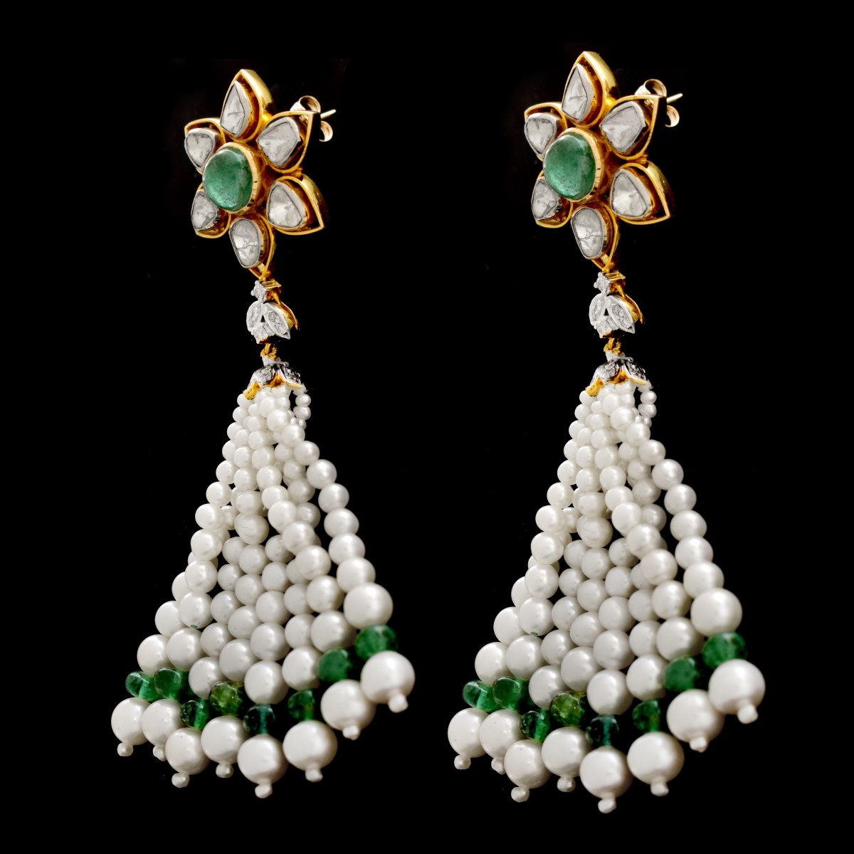 Diamond, Emerald and Pearl Tassel Earrings