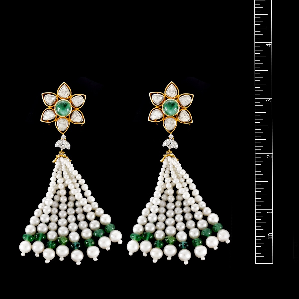 Diamond, Emerald and Pearl Tassel Earrings