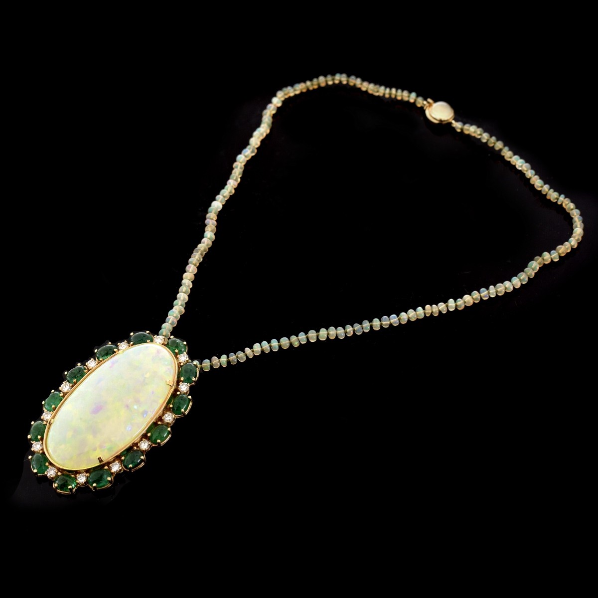 Large Opal, Emerald, Diamond and 14K Pendant