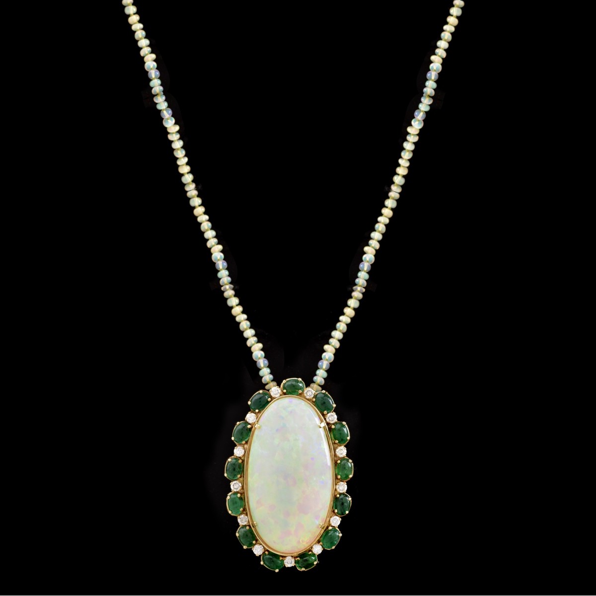 Large Opal, Emerald, Diamond and 14K Pendant