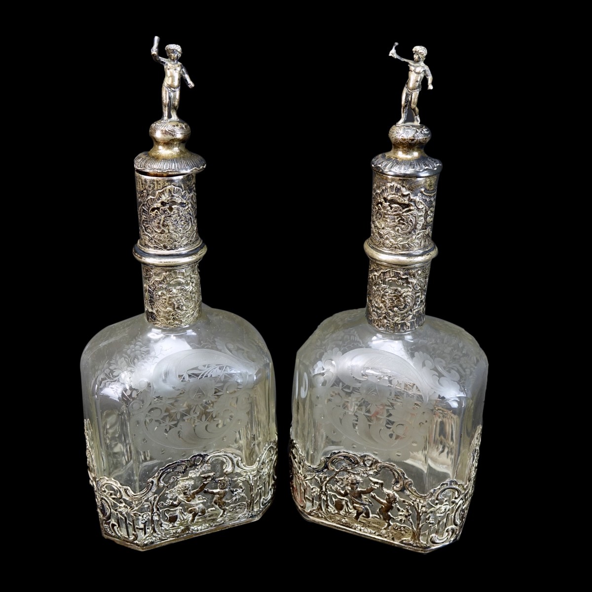 Pr German Silver Overlay Crystal Decanters