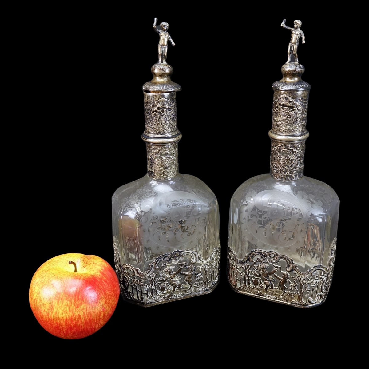 Pr German Silver Overlay Crystal Decanters