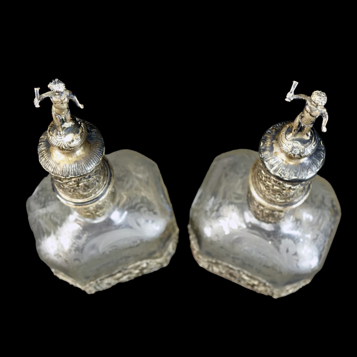 Pr German Silver Overlay Crystal Decanters