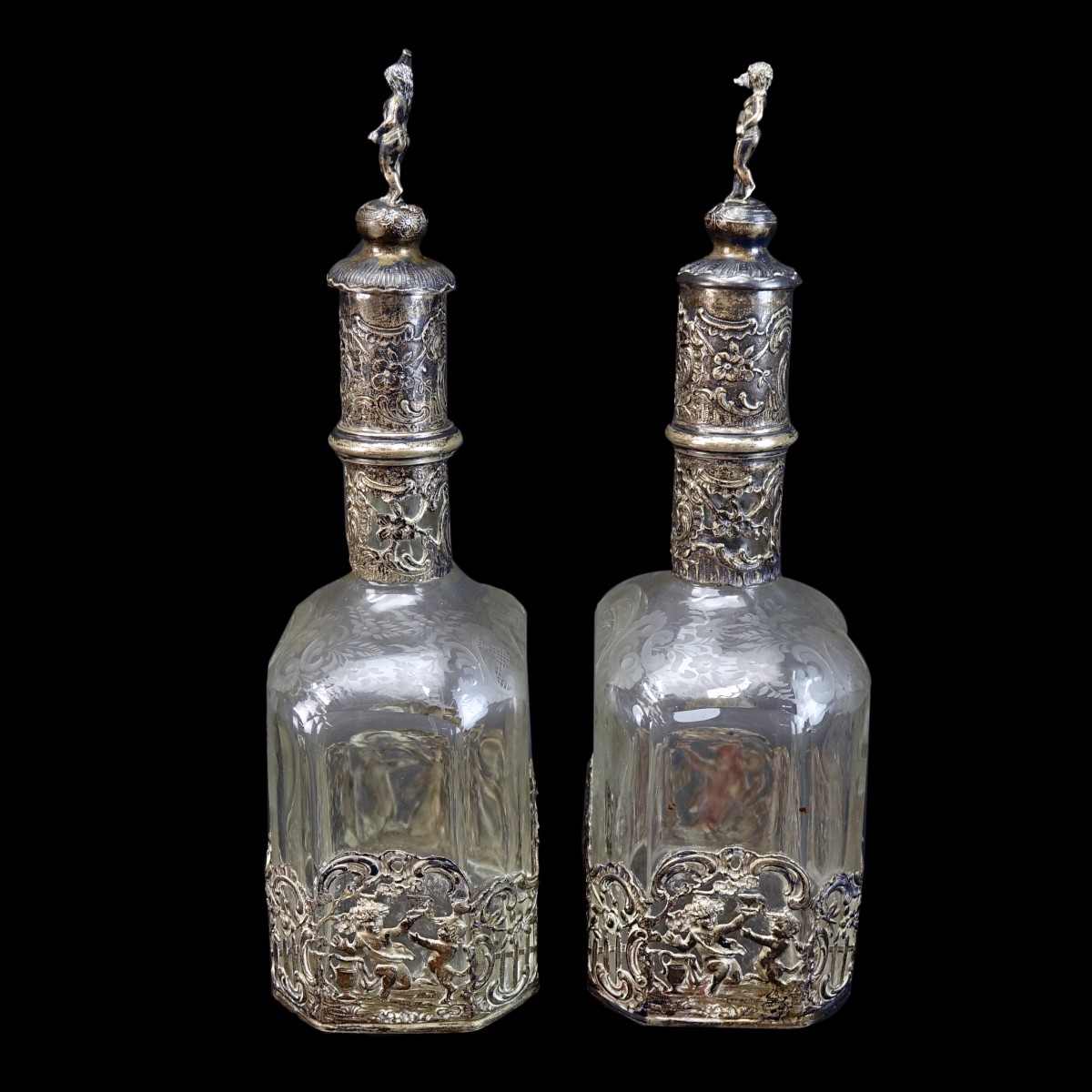 Pr German Silver Overlay Crystal Decanters