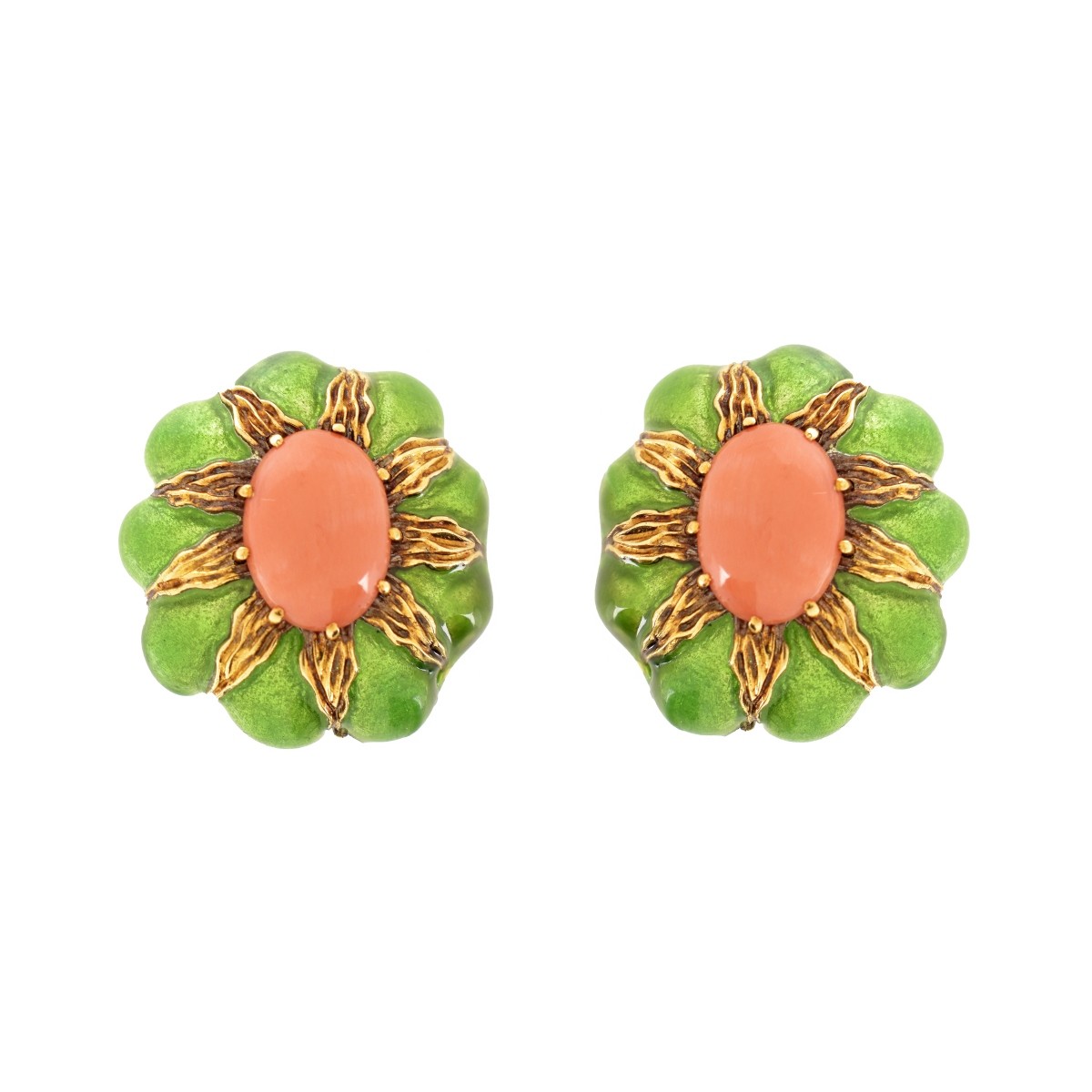 Coral, Enamel and 18K Earrings