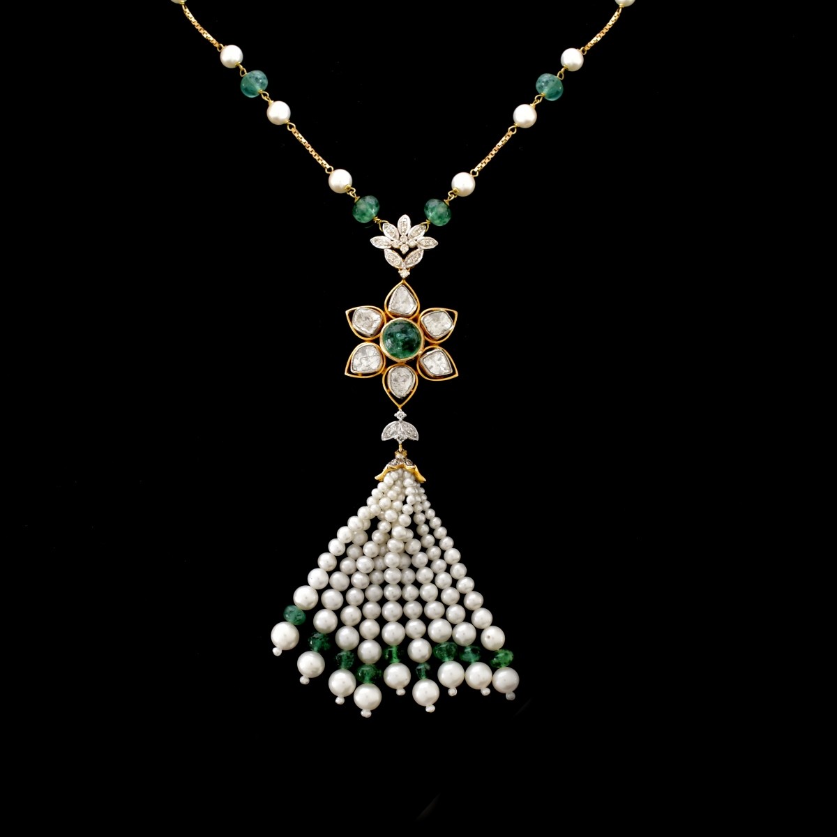 Diamond, Emerald, Pearl and 18K Tassel Necklace