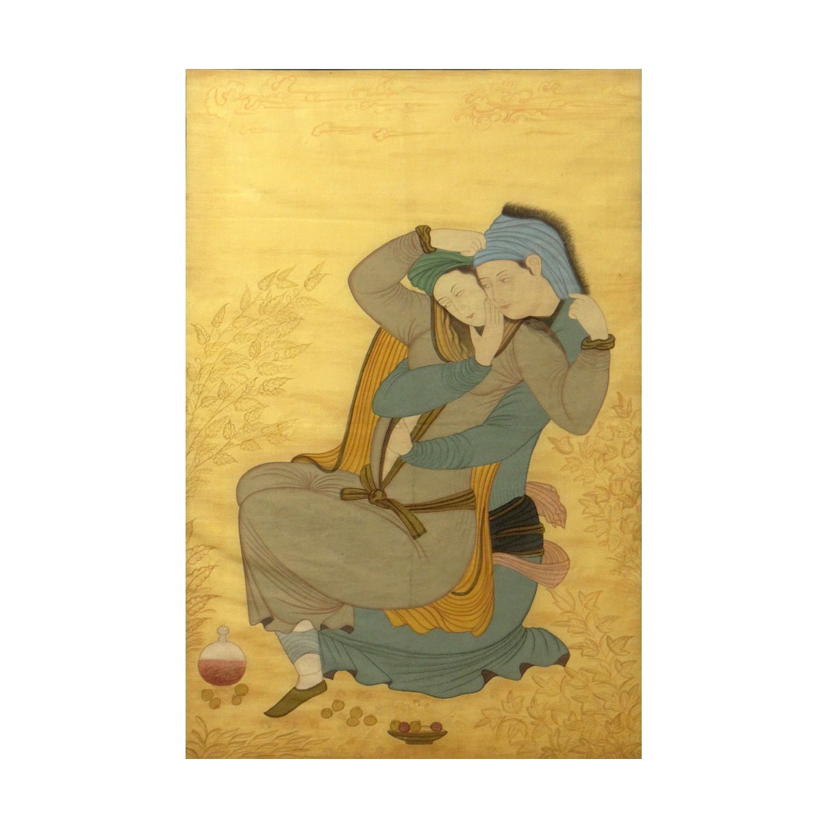 19/20C Persian Watercolor "The Embrace"