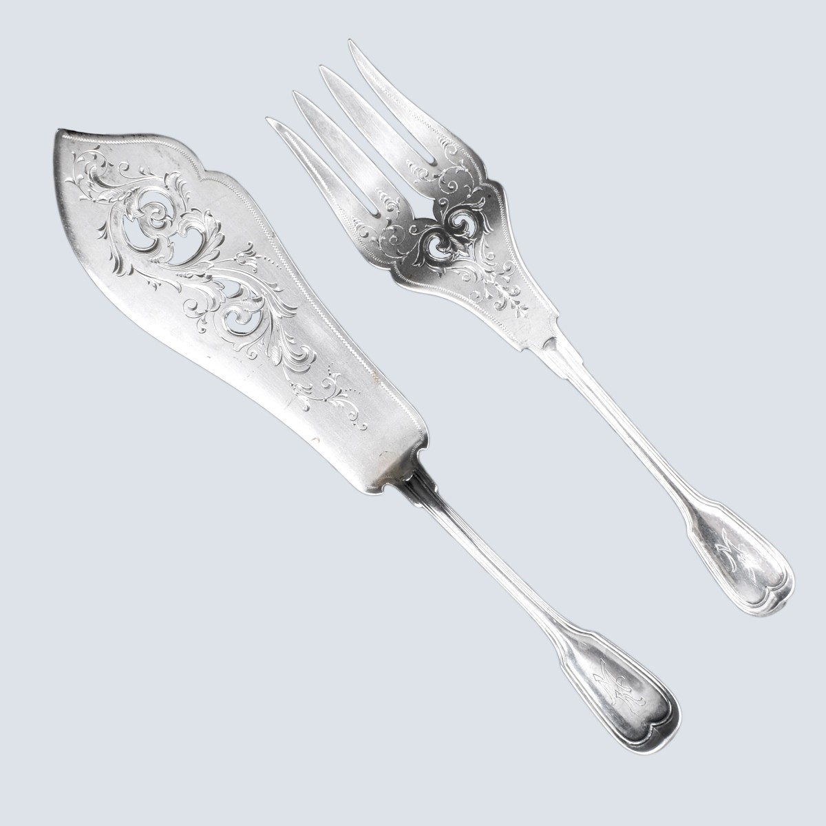 Antique J. Dux 800 Silver Chased Fish Set