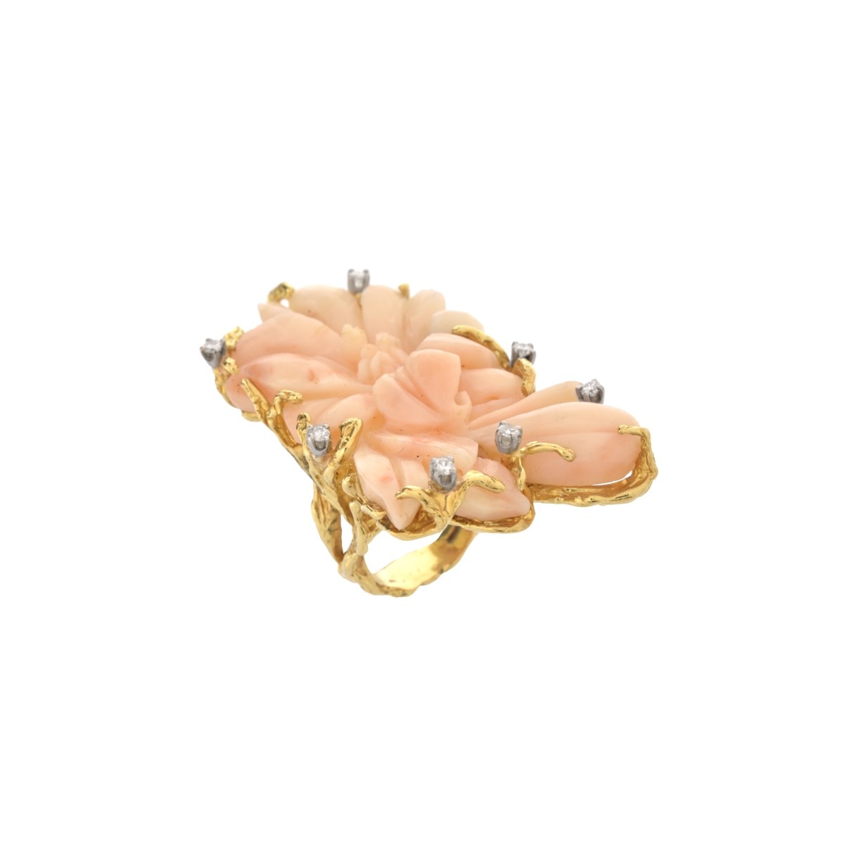 Coral, Diamond and 18K Ring