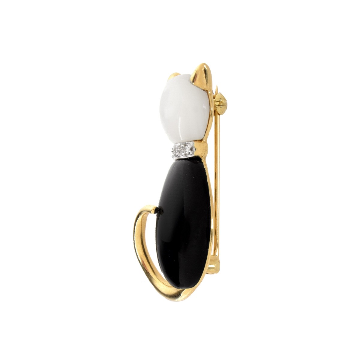 Diamond, Onyx, MOP and 14K Cat Pin