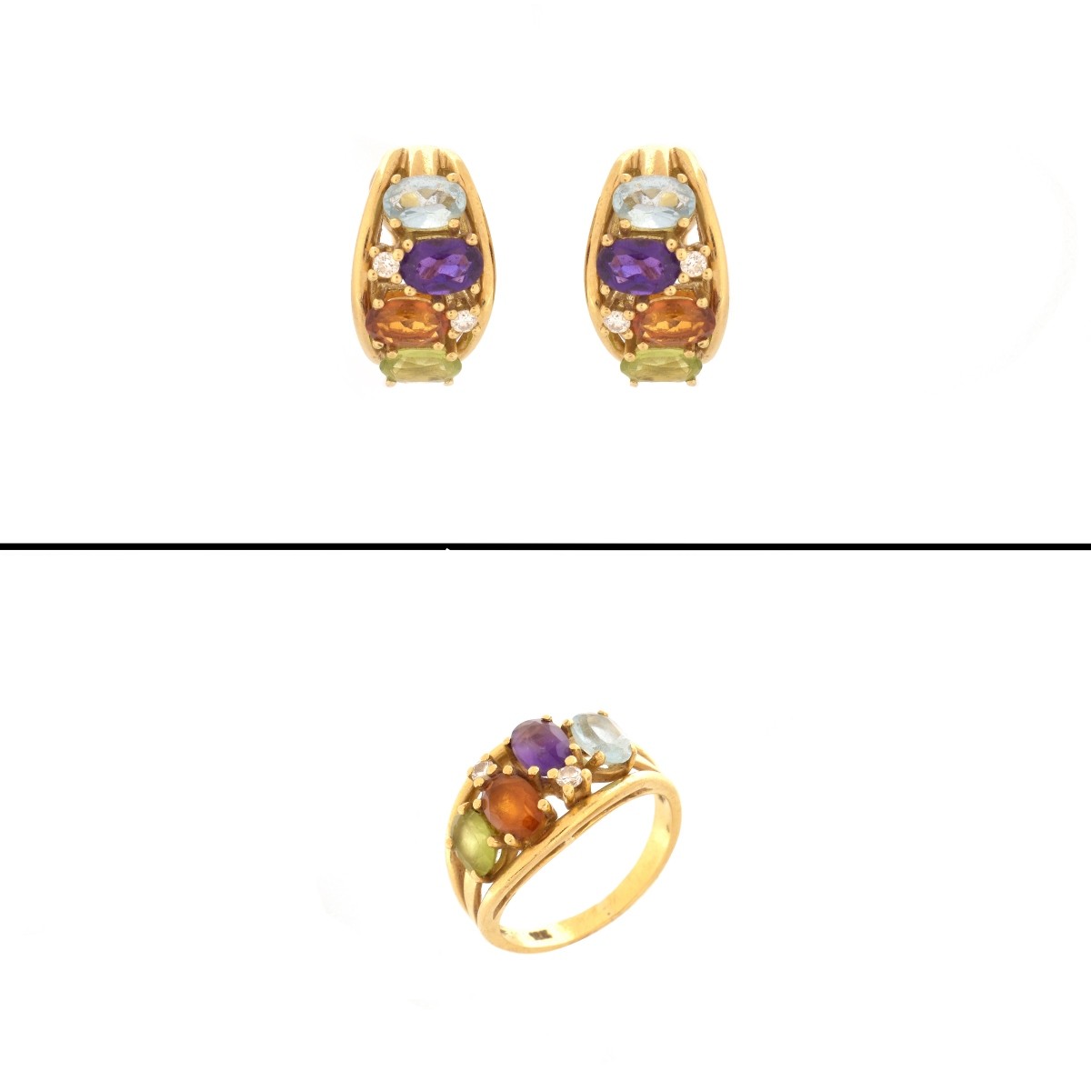 Multi Gemstone and 18K Ring and Earrings